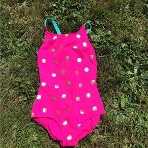 NWOT Mini Boden Cross-back One Piece Swimsuit Pink Gold Foil Spots 13-14 years